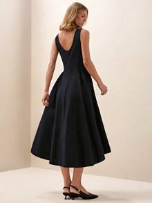 Briarwyn Summer Women's 100% Cotton Solid Color Round Neck Sleeveless Boat Neck A Line Elegant Dress,Office Outfits For Women, Summer Dress,Black Dress - Black - View 2