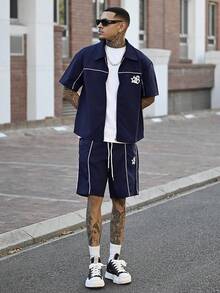 Devon Thys Set bărbătesc cu cămașă și pantaloni scurți, cu mânecă scurtă și imprimeu cu dungi laterale și stele - Albastru marin - Vizualizare 5
