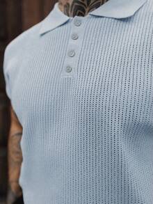 Artur Kramer Men's Hollow Design Knitted Polo Shirt, Minimalist & Fashionable, Suitable For Summer - Baby Blue - View 3