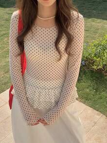 DAZY Women's Polka Dot Sheer Long Sleeve Crew Neck Undershirt, Spring/Summer - Apricot - View 4