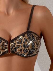 Swim Chiccia Bộ bikini 2 mảnh dành cho nữ, chất liệu vải đính sequin họa tiết da báo, dây mảnh, thích hợp đi biển, nghỉ mát, du lịch, mùa xuân/hè, bikini đính sequin, đồ bơi họa tiết da báo, bộ bikini, bikini họa tiết da báo - Nhiều màu - Xem 8