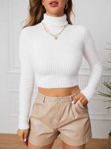 SHEIN LUNE Women's Turtleneck Cropped Sweater,Long Sleeve Tops Knit Pullover Fall Winter Sweater - White - View 6