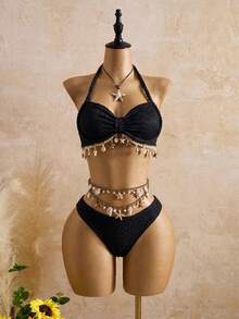 Bellisia Women's Latest Fashion Twisted Rope Halter Strap, Beach Outfit With Ocean Accessories, Beige Swimwear 3-Piece Set, Spring/Summer/Autumn - Black - View 3