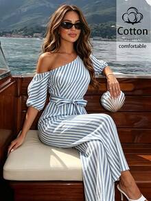 SHEIN LUNE Women's Summer Stripe Stripe Boho Holiday Vacation Holiday Asymmetrical Shoulder Jumpsuit,Cinched Waist Loose Elegant Chic Outfit Vacation - Blue and White - View 6