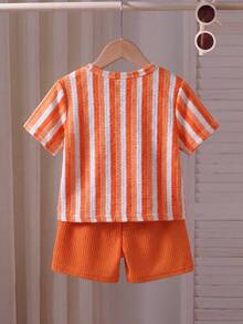 Souflis Souflis Young Boy Summer Beach Vacation Colorblock Striped Print Textured Fabric Short Sleeve T-Shirt And Waffle Fabric Shorts Set - Orange - View 2
