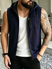 Manfinity Homme 男士夏季休闲运动通勤拉链连帽无袖背心 - 藏蓝色 - 查看 2