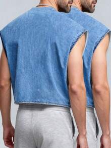 Manfinity Dauomo 2pcs/Set Men's Summer Sleeveless Shirt, Faux Denim Print Pattern Design, Stylish, Suitable For Daily Wear, Outdoor, Sports - Multicolor - View 2