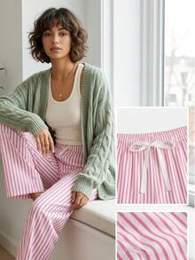 Palazzo Striped Pants With Elastic Waist - Pink - View 3