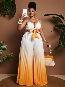 Maweii Women's Plus Size 2-Piece Gradient Pleated Outfit, White Ribbed Crop Cami Top With Bow Tie & Yellow Ombre Pleated Wide Leg Pants, Casual Summer Co-Ord Set For Vacation & Daily Wear - Yellow - View 1