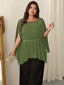 Firerie Plus Size Women's Solid Color Round Neck Cape Sleeve Elegant Blouse Fall - Green - View 5
