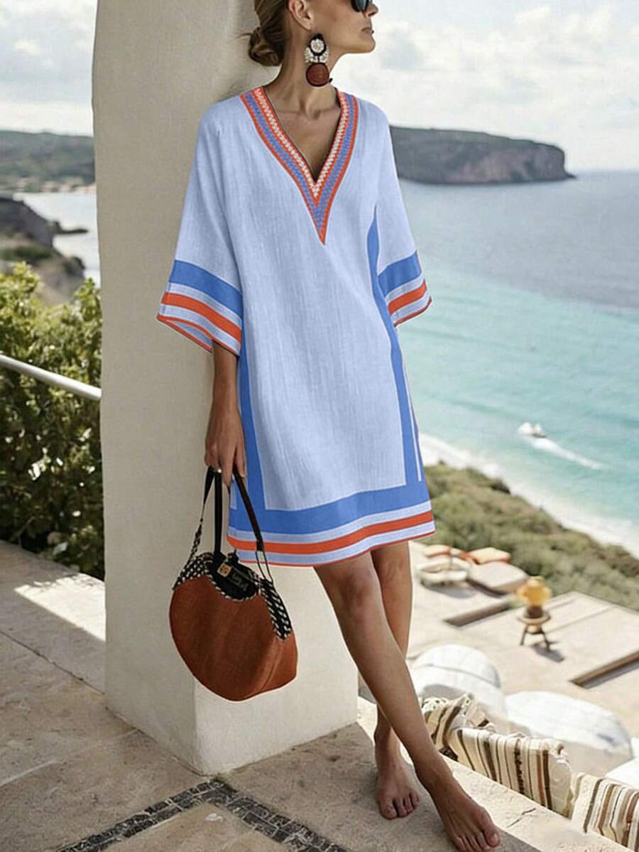 SHEIN Holidaya 女士休闲度假V领彩色黑色条纹短袖杏色条纹褶皱编织中长连衣裙：女士度假连衣裙、杏色连衣裙、条纹连衣裙、休闲连衣裙、女士度假连衣裙、沙滩连衣裙、夏季海岛连衣裙、优雅连衣裙、夏季长裙、夏季连衣裙、条纹沙滩连衣裙