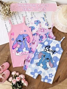 White,Summer,Cute,Family Matching Baby Girl Casual Strap Romper,Kawaii Cartoon Blue Rabbit Lulu & Stitch Pattern,Ballerina Style Blue Gradient Floral - Multicolor - View 7