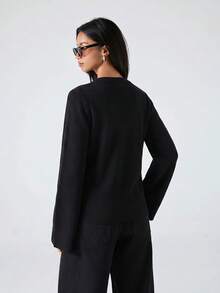 LYSMO 2026 Nouveau cardigan femme minimaliste d'hiver, décontracté, quotidien, tenue de travail, simple, noir unicolore, patchwork, poche, bouton. Chemise femme distinctive et à la mode pour l'automne/hiver, Noël, Nouvel An, Thanksgiving, remise des diplômes. Série de pulls de Noël à la mode - Noir - Voir 2