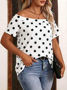 EMERY ROSE Plus Size Women's Polka Dot Print Off-Shoulder Short Sleeve T-Shirt - Multicolor - View 3
