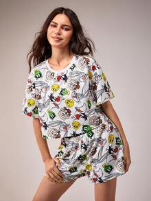 LOONEY TUNES X SHEIN Women's Round Neck Short Sleeve Top And Shorts Pajama Set, - White - View 4