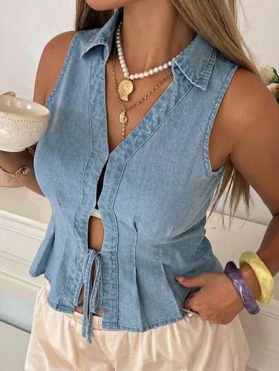 Dazy Plus Plus Size Women's Casual Denim Sleeveless Collared Tie-Front Shirt, Spring/Summer