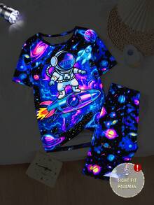 青少年男孩黑色極簡太空人與行星螢光印花短袖T恤與短褲2件式睡衣套裝 - 彩色 - 查看 7