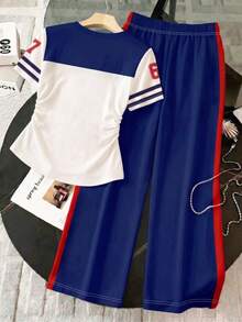 SHEIN 2 pièces/Set T-shirt à col rond avec imprimé numérique et lettres et pantalon bleu marine pour adolescentes. Style doux et polyvalent, convient pour le port quotidien et les sorties au printemps/été - Multicolore - Voir 2