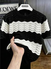 Manfinity Homme Men's Contrast Color Round Neck Short Sleeve Hollow Out Knit Top - Black and White - View 7