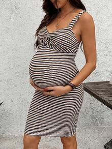 SHEIN Maternity Summer Casual Striped Knot Fitted Dress Photoshoot - Khaki - View 5