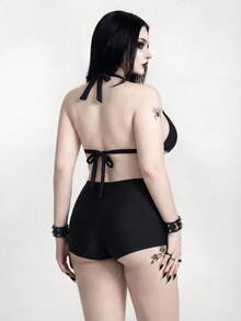 ROMWE Goth Bộ đồ bơi tankini hai mảnh màu trơn dành cho nữ cỡ lớn, kiểu dây mảnh, che bụng, thích hợp cho kỳ nghỉ biển. - màu đen - Xem 2