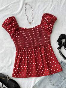 SHEIN Tween Girls' Casual Comfortable Polka Dot Backpack Shirt For Everyday Wear - Red - View 2
