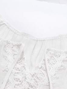 SHEIN LUNE CURVE 大码女式撞色蕾丝插肩短袖休闲衬衫 - 白色 - 查看 5
