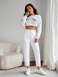 EMERY ROSE Women's Summer Paperbag Waist Straight Leg Jeans - White - View 3