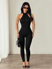 SHEIN PETITE Bộ jumpsuit lửng ôm sát cổ cao, thích hợp cho đi chơi hàng ngày, dự tiệc tối, phong cách đường phố gợi cảm, thanh lịch, sang trọng, mùa xuân hè. - màu đen - Xem 4