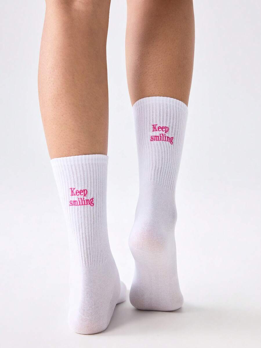 Loungeista 3 đôi tất cotton dài đến bắp chân thêu chữ "Keep Smiling" dành cho nữ, thời trang và đa năng. - Nhiều màu - Xem 1