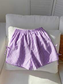 Comfortcana Quần short dáng rộng màu tím kẻ caro trang trí nơ, thích hợp mặc mùa xuân/hè. - Màu tím - Xem 2