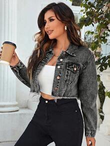 EMERY ROSE Áo khoác denim nữ tay dài cài một hàng khuy, đính ngọc trai, kiểu dáng thường ngày - Xám - Xem 3