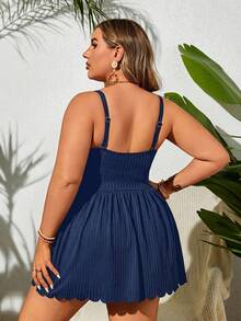 Swim Lushoire 大码女式沙滩度假纯色休闲吊带泳衣套装（含泳裤） - 藏蓝色 - 查看 2