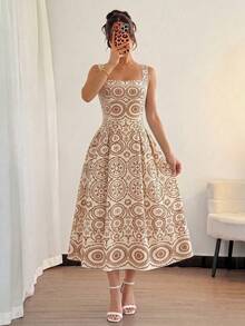 Modelyn Đầm midi chữ A không tay, dệt kim, in kỹ thuật số, thắt eo, dành cho nữ, thanh lịch và lãng mạn, thích hợp cho mùa xuân/hè. - Nhiều màu - Xem 3