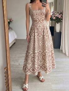 Modelyn Đầm midi chữ A không tay, dệt kim, in kỹ thuật số, thắt eo, dành cho nữ, thanh lịch và lãng mạn, thích hợp cho mùa xuân/hè. - Nhiều màu - Xem 6