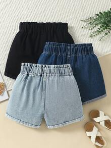 SHEIN 青少年女孩 3件組牛仔短褲，夏季新品寬鬆腰身設計牛仔短褲 + 3色3件組短褲 + 時尚街頭風水洗牛仔短褲 - 彩色 - 查看 3
