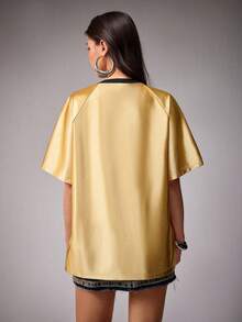 Nick 90s | SHEIN Women's V-Neck Raglan Short Sleeve Streetwear Country T-Shirt 90s Rave Concert Gold Summer - Light Yellow - View 2