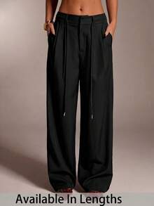 SHEIN Tall CURVE CURVE 大尺碼女款高個子寬腿褲，高腰黑色休閒辦公度假長褲，日常商務休閒優雅秋季款 - 黑色 - 查看 4