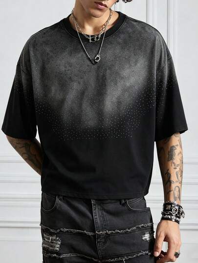 ROMWE MEN Men's Street Style Tie-Dye Rhinestone Decor Round Neck Casual Short Sleeve T-Shirt