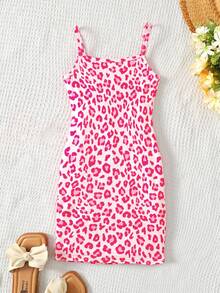 Váy mini hai dây dệt kim họa tiết da báo màu hồng fuchsia thời trang cho bé gái - Hồng - Xem 2