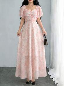 Modelyn Vestido rosa con volantes y estampado floral, vestido de estilo francés para vacaciones de verano para mujeres - Multicolor - Ver 6
