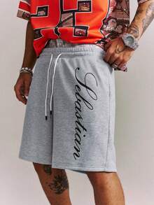 CRAVYNX Men's Dual Waistband Shorts, Versatile Casual Pants With Letter Print, Linen Gray - Grey - View 1