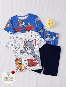 TOM & JERRY X SHEIN GraphicGems 夏季青少年男童可爱卡通联名印花柔软舒适弹力贴身短袖短裤四件套睡衣 - 彩色 - 查看 4