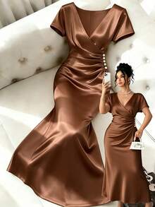Franclia Plus Size Women Elegant Ruched Pearl Button Decor Short Sleeve Fishtail Dress, Spring/Summer - Coffee Brown - View 1