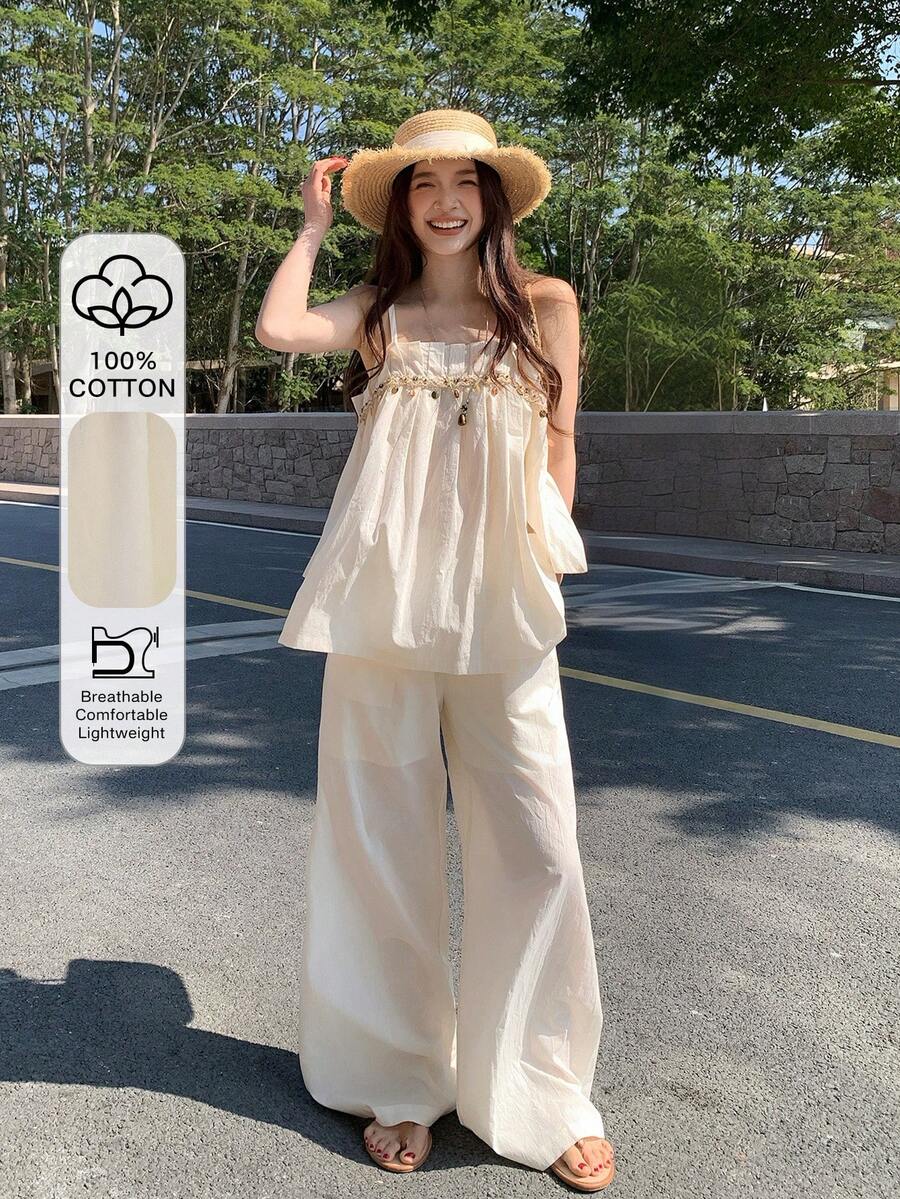 DAZY Bộ đồ nữ kiểu Hàn Quốc gồm áo dài tay và quần dài, bộ đồ mặc nhà mùa hè cho nữ, bộ đồ ngắn cho nữ. - trắng - Xem 1