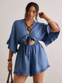 Freevana Plus Size Holiday Solid Color Batwing Sleeve, Ruffle Hem, Tie Waist Jumpsuit - Blue - View 3