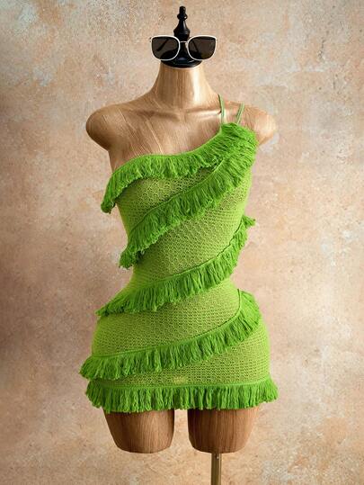 SHEIN BamGlam 2026 New Dark Green Fringed Ruffled Knitted Single-Sleeve Tight Mini Dress, Open-Knit Knitted Evening Dress With Transparent Design, Cool, Breathable, Comfortable, Sexy. Ladies' Bright Green Asymmetric Fringed Patch Shoulder Strap Tight Party Dress, Bright Green Asymmetric Patch Fringed Tight Party Dress, Suitable For Island Getaways, Island Hot Girl Dresses, Music Festivals, Graduation Season, Various Holidays.