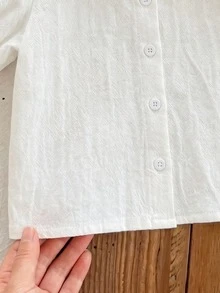 SHEIN LMoss Kids 少女編織素色彼得潘領刺繡休閒襯衫 - 白色 - 查看 4