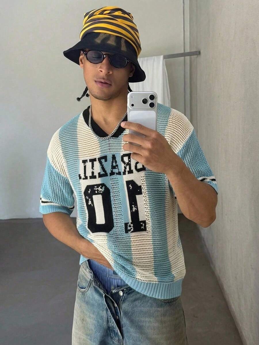 STEELVANCE 男士字母與藍白條紋V領短袖針織上衣 巴西足球球衣,夏季街頭風城市度假復古世界盃足球衫 - 彩色 - 查看 1