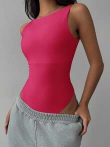 SHEIN BASICS Bodysuit Rajut Polos Kasual Tanpa Punggung untuk Wanita, Warna Pink Cerah untuk Musim Panas - Hot Pink - View 5